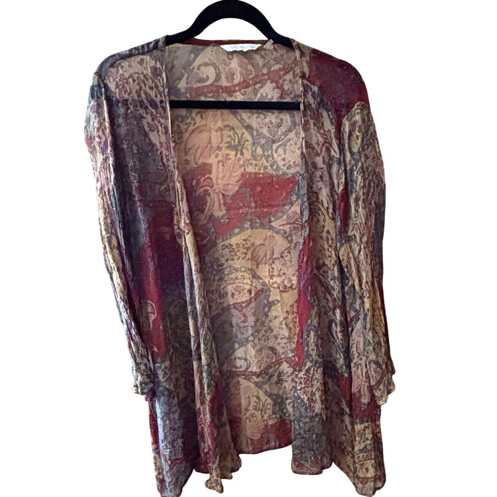 Soft Surroundings Kimono Cardigan Womens S/M Red Gold Sheer Paisley Boho Sequins